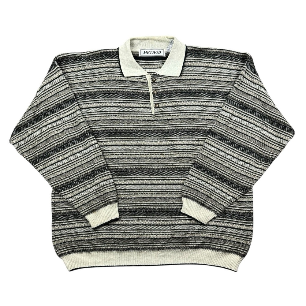 Vtg‎ 90s Method Sweater Men XL Textured Knit Collared Grandpa Old Money Boxy Fit